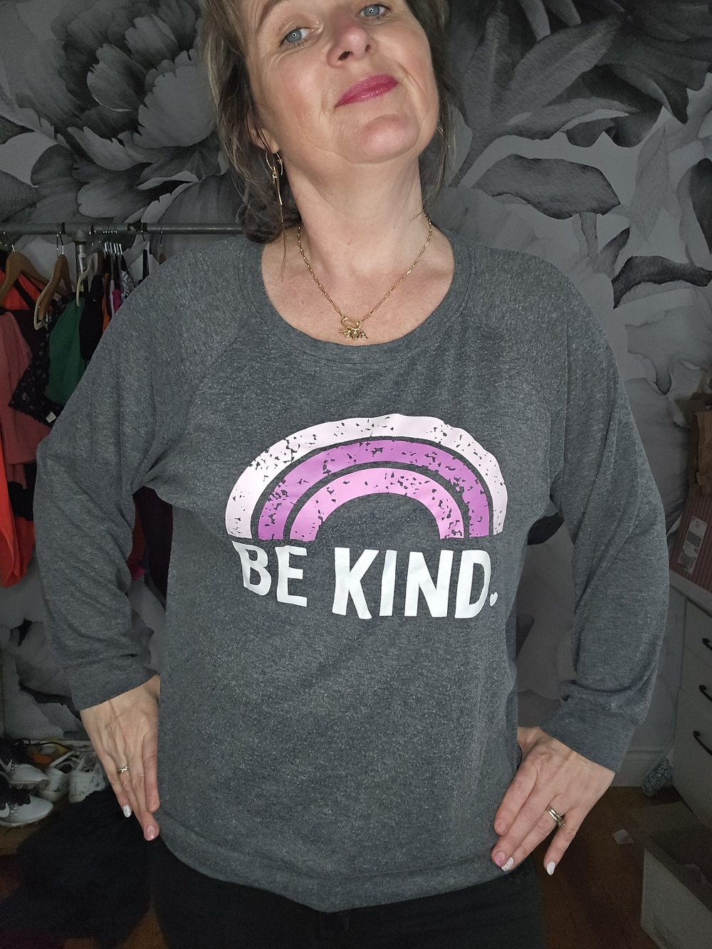 🍓a new day Gray 'Be Kind' Sweatshirt with Pink Rainbow Graphic